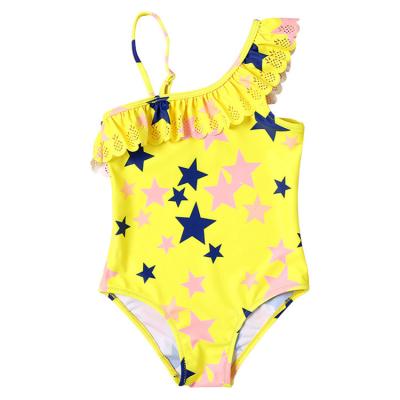 China 2022 New Breathable Girls Yellow Pleated Star Profile Swimsuit Baby Swimming One Shoulder Girls Swimwear for sale