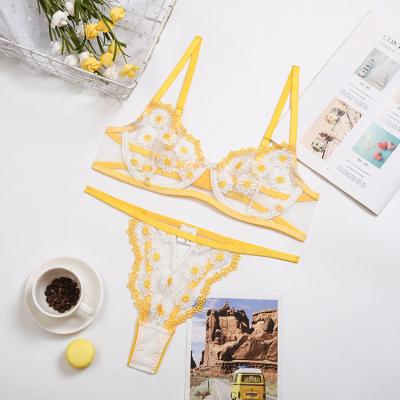 China Polyester Women's Daisy Embroidery Mesh Hollow Out Gathering Underwear Set for sale