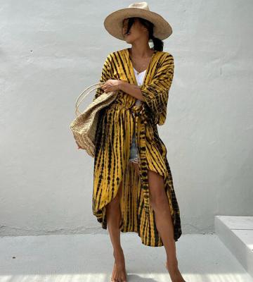 China Striped Breathable Yellow Cover Up Kimono Beach Resort Wear For Women for sale