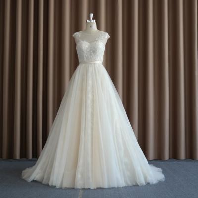 China SW16671 Breathable Embroidered And Beaded Tulle Overlay Wedding Dress With Sleeves French Lace Cheap Dress for sale