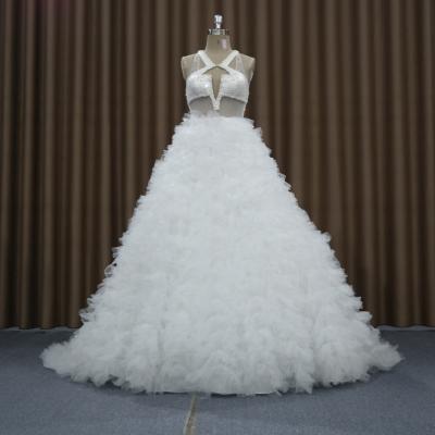 China SW16644 Cherry Ruffled Dresses Soiree Famous Breathable Halter Layered Crystal Decoration Wedding Dress for sale