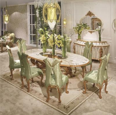 China (Size)Adjustable Luxury Royal Wooden Dining Table And Chair Velvet Gold Seat Dining Room Furniture for sale