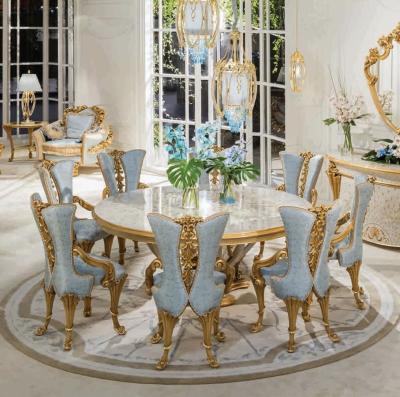 China Luxury Adjustable Luxury Dining Room Furniture Royal Wood Velvet Gold (Height) Seat Dining Table And Chairs for sale