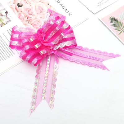 China HUAJU Wholesale Holographic Pull Flower Wedding Decoration Pull Flower Bow For Gift Wrapping Organza Pull Bow Ribbon for sale