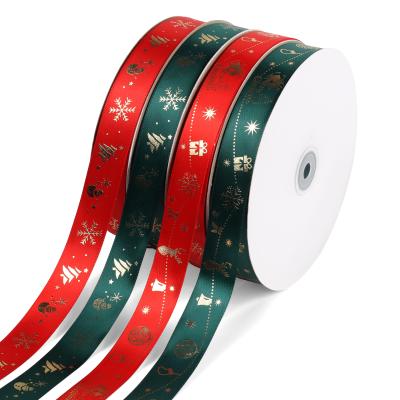 China Recyled 2.5cm Christmas Gift Ribbon Polyester Red Ribbon Merry Christmas Gift Box Decoration Hot Stamping Printing Ribbon for sale