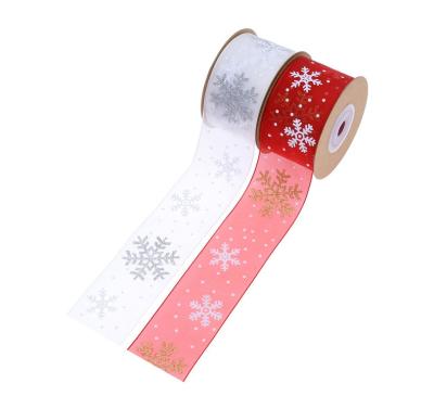 China Recyled Printing Snowflake Yarn Ribbon Christmas Gift Flower Ribbon Gift Box Decoration Wide Sprinkle Ribbon 38mm for sale