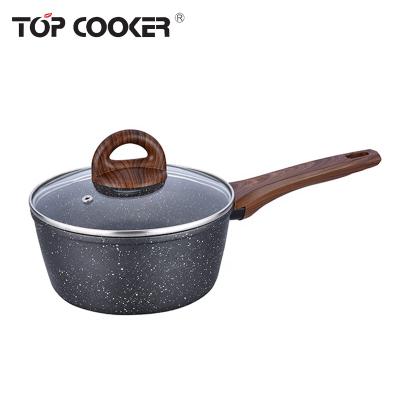 China Sustainable Forged Aluminum Marble Coating Casserole With Design Wooden Handle for sale