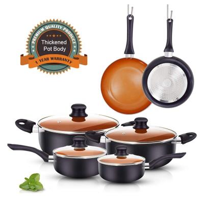 China Sustainable high quality aluminum pressed copper non stick coating pots cookware set with induction bottom for sale