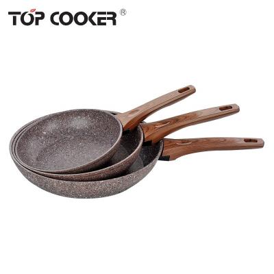 China Hot Selling Traditional Granite Coating Forged Aluminum Frying Pan With Wooden Handle for sale