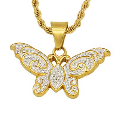 China Wholesale FASHIONABLE Elu Jewelry RTS Men Women Iced Out Crystal 18k Gold Plated Stainless Steel Butterfly Pendant Jewelry for sale