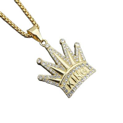 China High Quality King Crown Diamond Bling Bling Vintage Chosen Jewelry RTS Stainless Steel Pendant Necklace for sale