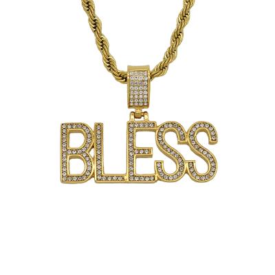 China Wholesale Religious Elu Jewelry RTS Stainless Steel Diamond BLESS Letters Pendant Necklace For Women Men for sale