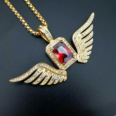 China Luxury Square Gem Wing Pendant For Women Jewelry Gold Stainless Steel Hiphop Jewelry RTS Chosen for sale