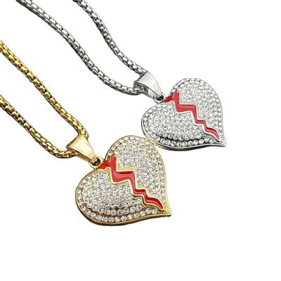 China Hot Sale Elu Jewelry RTS CLASSIC Gold Silver Iced Out Broken Heart Colorful Charm Pendant Necklace For Women Mens for sale