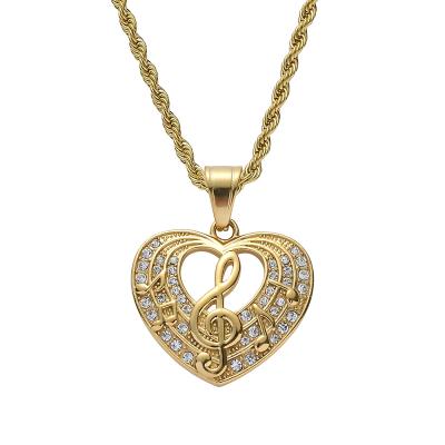 China Trendy Elu Hiphop Jewelry RTS New Gold Plated Micro Pave Iced Out Diamond Musical Note Stainless Steel Heart Necklace for sale