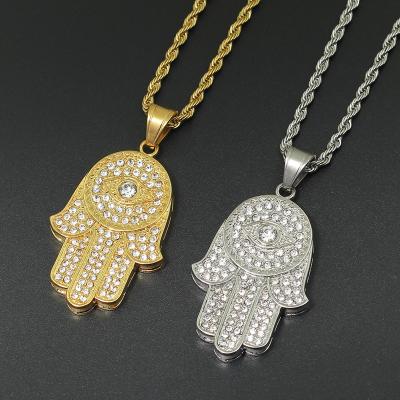 China Chosen Jewelry RTS New Arrival Micro Religious Stainless Steel Insert Rhinestone Iced Out Hamsa Evil Eye Necklace for sale