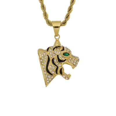 China Animal Rhinestone Red Eye Blue Tiger Pendant For Men Hiphop Elu Jewelry RTS Hip Hop Charm Stainless Steel Insert Gold Plated Jewelry for sale