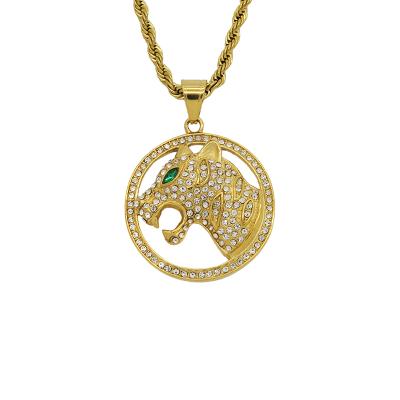 China Elu Jewelry RTS New Design Punk Gold Plated Rhinestone Stainless Steel Leopard Head Paved Bling Pendant Necklace For Women Gift for sale