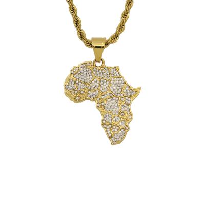 China New Chosen Jewelry RTS Punk Stainless Steel Trendy 24k Gold Plated Africa Map Bling Crystal Necklace For Women Men Jewelry for sale