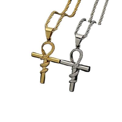 China Hiphop Elu Jewelry RTS Mens Jewelry Stainless Steel Ankh Snake Wrapping Cross Pendant For Wholesale for sale