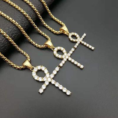 China Hot Selling Elu Hiphop Jewelry RTS Hip Hop Stainless Steel Iced Out CZ Ankh Head Cross Pendant For Women for sale