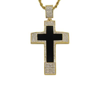 China Vintage Elu Jewelry RTS New Trendy Bling Bling Rhinestone Iced Out Black Stainless Steel Cross Pendant for sale