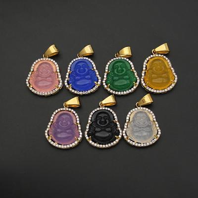 China 2021 Hiphop Jewelry RTS Fashion Stainless Steel Nature Crystal Rhinestone Jade Laughing Budda Necklace Chosen For Wholesale for sale