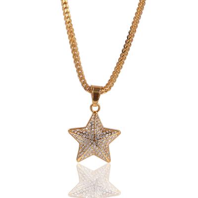 China Vintage Elu Jewelry RTS New Arrival Gold Plated Stainless Steel Insert Diamond Star Bling Bling Necklace With Franco Cuban Chain for sale