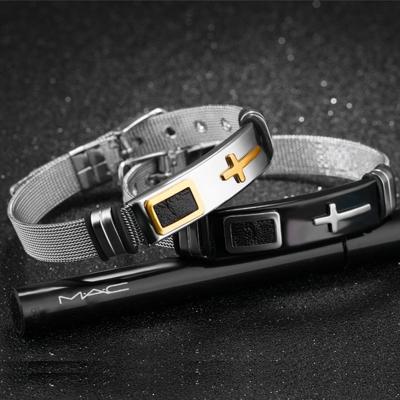 China New Design Hip Hop Jewelry RTS Hip Hop Chosen Men Jewelry Stainless Steel Mesh Bracelet With Cross Elastic for sale