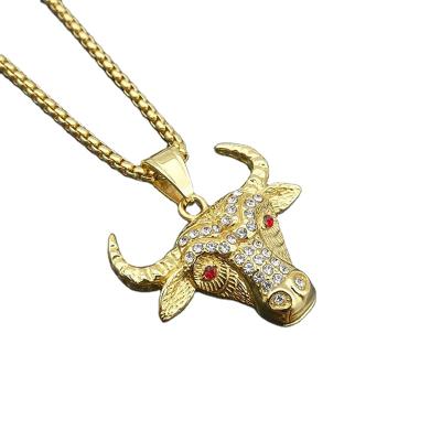 China Hiphop Chosen Jewelry RTS Titanium Steel Gold Plated Animal Bull Head Necklace For Men Hiphop Jewelry for sale