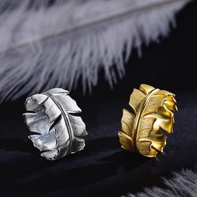 China Trendy Wholesale Fashion Design RTS Jewelry Elu Silver Gold Plated Feather 925 Sterling Silver Ring For Women Jewelry for sale