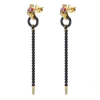 China Elu Jewelry RTS FASHIONABLE hot sale 925 zircon tassel rhinestone gold snake gold snake black silver earring studs for women gift jewelry for sale