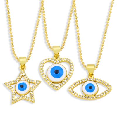 China Wholesale Trendy Fashionable Choker Jewelry RTS Insert Brass Zirconia Iced Out Star Heart Shaped Gold Plated Enamel Evil Eyes Necklace for sale