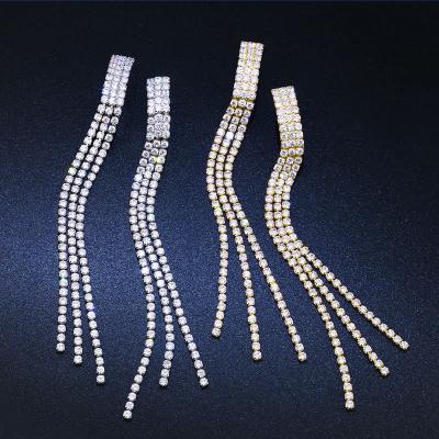 China Fashionable New Fashion Jewelry RTS New Brass Micro Insert Iced Out Silver Cubic Zirconia Gold Plated Cuff Long Tassel Non-pierced Earrings for sale