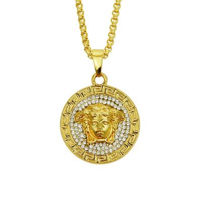 China New Arrival 6 Types Elu Jewelry RTS Round Insert Vintage Coin Religious Rhinestone Bling Bling Iced Out Man Head Necklace for sale