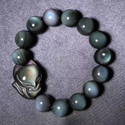 China TRENDARY Chosen Jewelry RTS Lucky Feng Shui Beaded Jewelry Fox Head Nature Stone Obsidian For Men Jewelry for sale