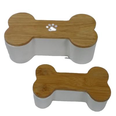 China Stored Ceramic Pet Application Bone Shape Pet Urns For Pets Ashes With Wooden Bamboo Cover for sale