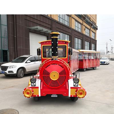 China Semi-closed curtain dark red color wooden San chuan trackless road train ride battery raindiesel train for theme park for sale