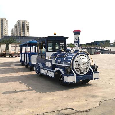 China 27 Passenger Wooden Outdoor Amusement Park Rides Amusement Electric Road Car Trackless Diesel Sightseeing Tourist Trains For Sale for sale