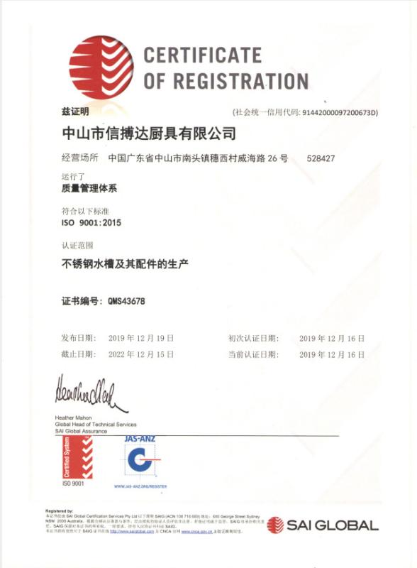 ISO9001 - Zhongshan Symbod Kitchenware Co., Ltd.