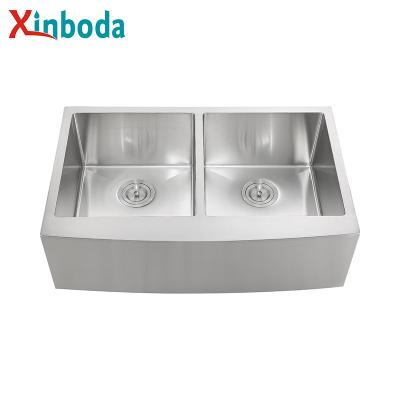 China Without Faucet OEM Rectangular Handmade Double Bowl Stainless Steel Apron Front Farm Kitchen Sinks for sale