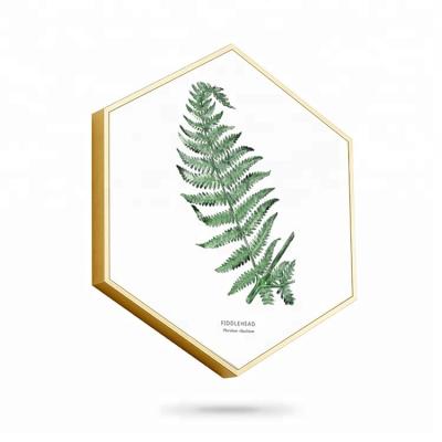 China Modern FSC Certified Nordic Style Fiddlehead Leaf Hexagon Frame Canvas Art Green Wall Painting For Wholesale for sale