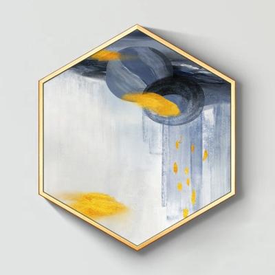 China Modern Abstract Artwork Giclee Canvas Painting With Gold Hexagon Frame For Bedroom for sale