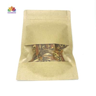 China Recyclable Three Side Seal Zip Lock Flat Brown Kraft Paper Bag With Clear Window for sale