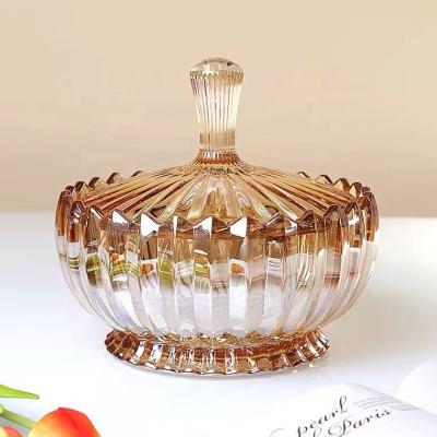 China Home Viable Crystal Glass Storage Container Box Jar Snack Candy Candy Dish Glass Bowl With Lid for sale