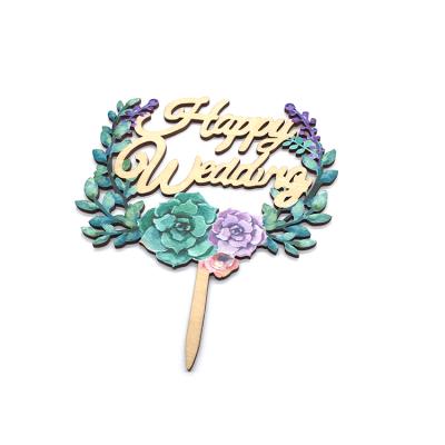 China Wholesale Wooden 3D Painting Acrylic Cake Topper For Wedding,Acrylic Cake Toppers,Wedding Cake Wooden Happy Wedding Topper for sale