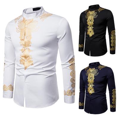 China Casual Clothing Men's Africa Print Stamping Stand Up Collar Long Sleeve African Dashiki Style Shirt for sale