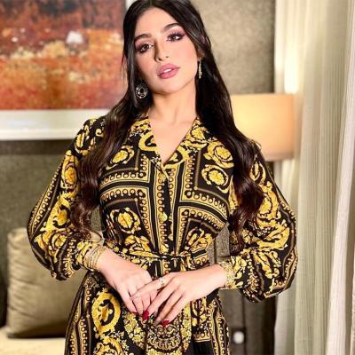 China High Quality Arab Dubai Clothing Hot Sale Fashion Polyester Women Long Printed Abaya Shirt Long Sleeve Muslim Dresses Robe for sale