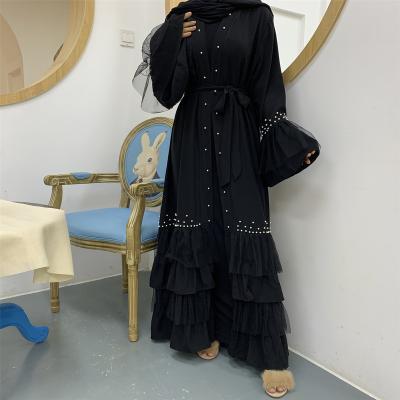 China Black Abayas 2022 New Style Muslim Bead Muslim Middle East Mesh Cardigan Open Back Luxury Muslim Women Long Dress Lace Up Abayas for sale