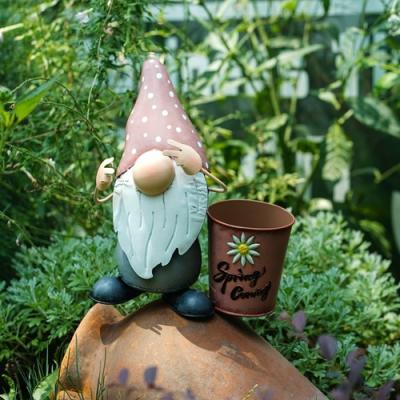 China Modern Metal Yard Ornaments Rustproof Custom Metal Decor Gnome With Planter Pot for sale